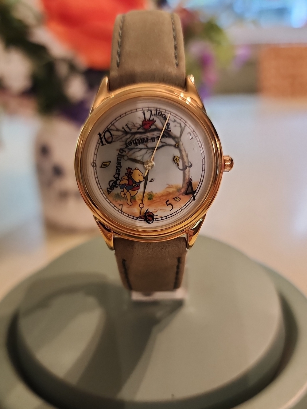 Disney Gold-Tone Winnie the Pooh Watch with Sage Leather Strap. Green Hunny Pot